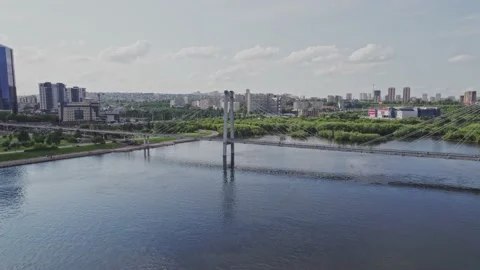 Drone flight over the river with the landscape of the city Stock Footage 170884510