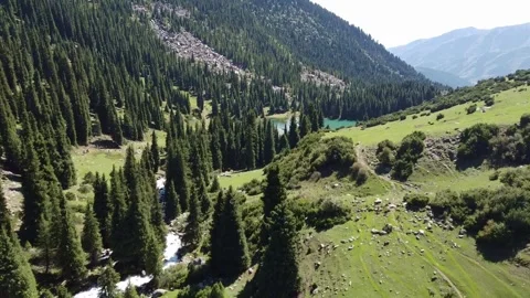 Drone Flight Over River Towards Alpine Lake. Kyrgyzstan, Suttuu-Bulak Lake. Stock Footage 332787295