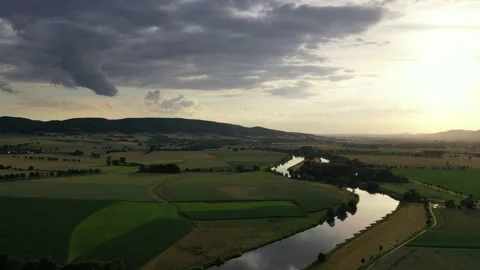 Drone flight over river Weser , Germany Stockbeeldmateriaal 136149079
