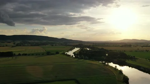 Drone flight over river Weser , Germany Stock Footage 136149132