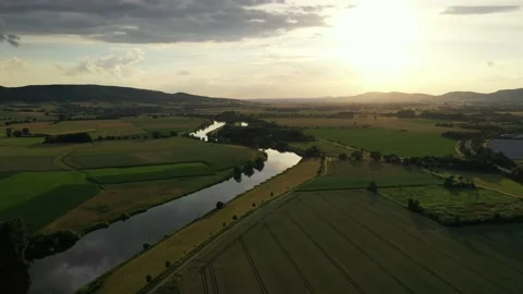 Drone flight over river Weser , Germany Stockbeeldmateriaal 136149418