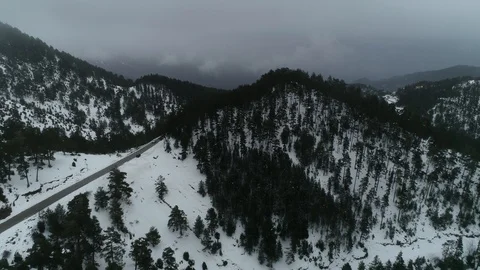 Drone flight over road and snowy forest Stock Footage 125700593