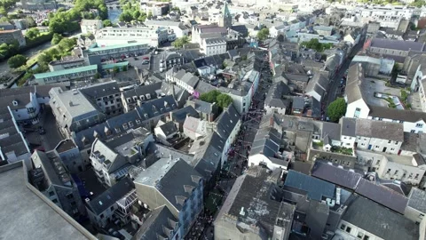 Drone flight over the rooftops of the Latin Quarter, Galway, Ireland Stock Footage 346746053