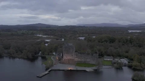 Drone flight over Ross Castle. Killarney National park. Ireland. autumn 2022 Stock Footage 222079901