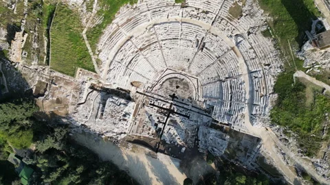 Drone flight over ruins of ancient Greek theatre Syracuse, history tourism Italy Stock Footage 345046748