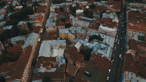 Drone flight over the rusty roofs of the old city. Chernivtsi Ukraine Stock Footage 83564097