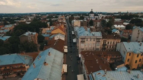 Drone flight over the rusty roofs of the old city. Chernivtsi Ukraine Stock Footage 83624005