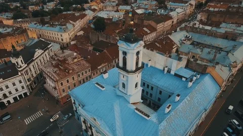 Drone flight over the rusty roofs of the old city. Chernivtsi Ukraine Stock Footage 83627161