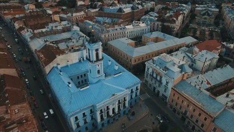 Drone flight over the rusty roofs of the old city. Chernivtsi Ukraine Stock Footage 83629460