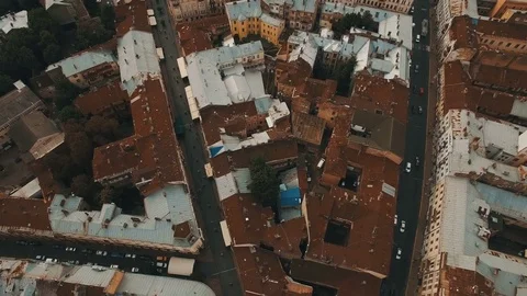 Drone flight over the rusty roofs of the old city. Chernivtsi Ukraine Stock Footage 83632258
