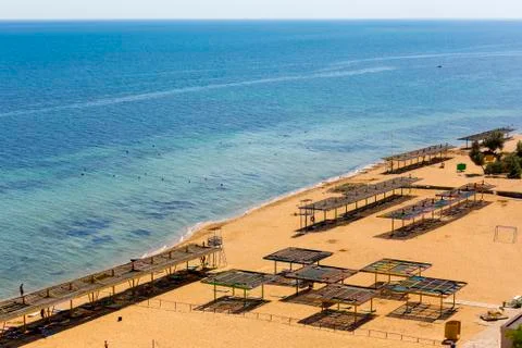 Drone flight over the sand beach of Crimea Stock Photos
