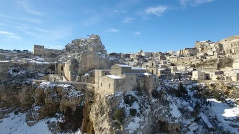 Drone flight over sassi of matera with snow Video stock 106068881