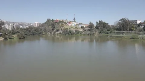 Drone flight over Sausalito lagoon, vegetation and houses around Stock Footage 235948613