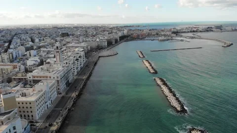 Drone flight over the sea along the coastline over the Bari, Italy Stock Footage 144667697