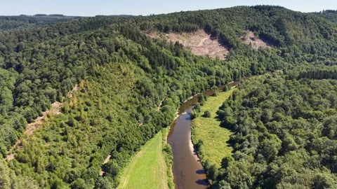 Drone flight over Semois river in Wallonia region of Belgium Stock Footage 340539189