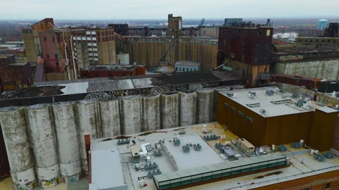 Drone Flight Over Silo City Grain Elevators Along Buffalo River Stock Footage 344060754
