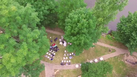 Drone flight over the skeleton on a summer day where the wedding ceremony takes Stockbeeldmateriaal 130647688