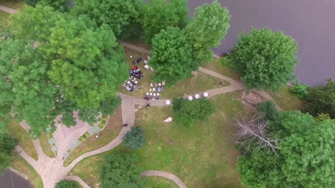 Drone flight over the skeleton on a summer day where the wedding ceremony takes Stock Footage 130647840