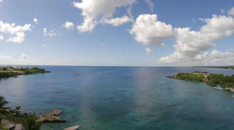 Drone flight over small caribbean seaside city Stock Footage 46752389