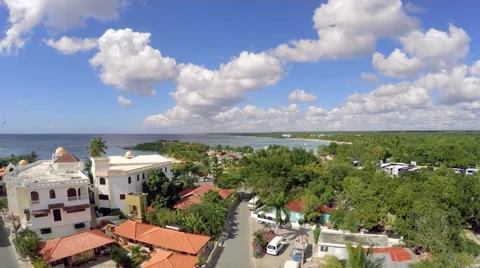 Drone flight over small caribbean seaside city Stock Footage 46782372