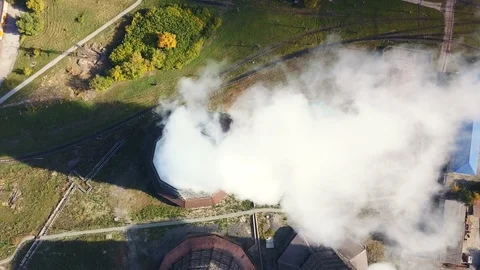Drone flight over the smoke stack pipe; cooling system of plant Stock Footage 95620727