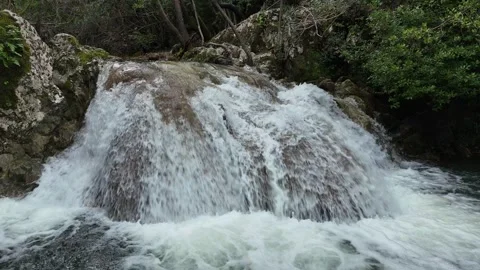Drone flight over Stathula Polylimnio Waterfall, slow motion, Peloponnese Video stock 305573783