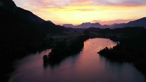 Drone flight over Tyrol landscape, at sunrise in  Austria Stockbeeldmateriaal 138359005