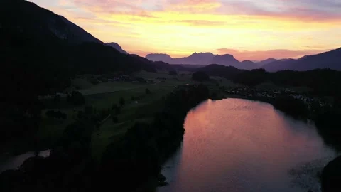 Drone flight over Tyrol landscape, at sunrise in  Austria Stock Footage 138359391