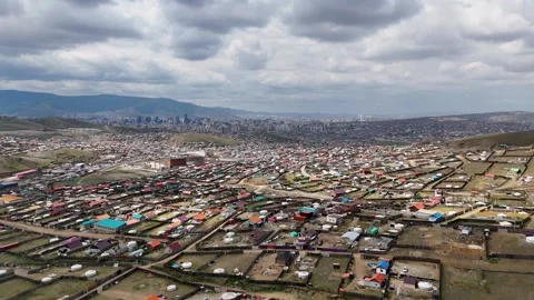 Drone Flight Over Ulaanbaatar Yurt District with Fenced Yards Stockbeeldmateriaal 347178491
