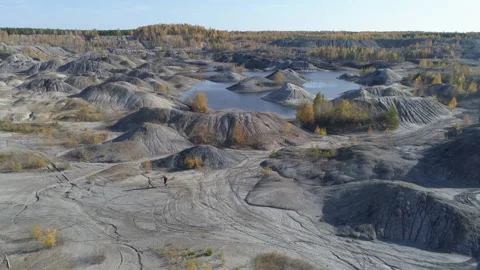 Drone flight over Ural clay quarries, Ural Mars surreal alien landscape Stock Footage 143778532