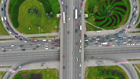 Drone flight over urban junction overpass at day. Kiev, capital of Ukraine Stock Footage 135508540