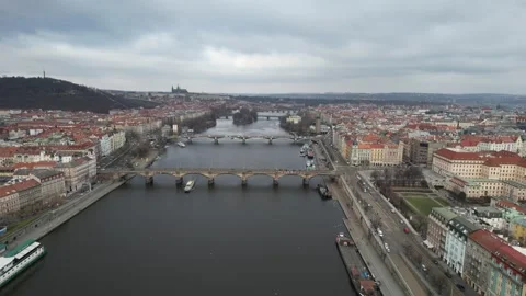 Drone flight over Vltava river in Prague, Czech Republic Stock Footage 264126856