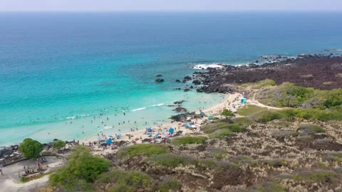 Drone Flight Over Waves and People on Tropical Hawaii Beach, Big Island Stock Footage 328389322