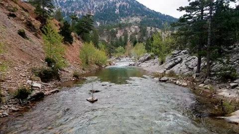 Drone flight over a wide mountain river with blue water 4k Video stock 213986778