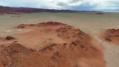 Drone Flight Over Wild Mongolian Steppe and Rocky Mountains Stockbeeldmateriaal 347179037
