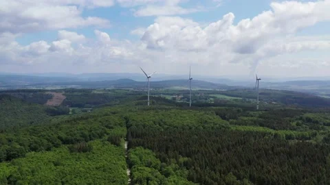 Drone flight over windmills in Lower Saxony landscape, Germany Stockbeeldmateriaal 134409348