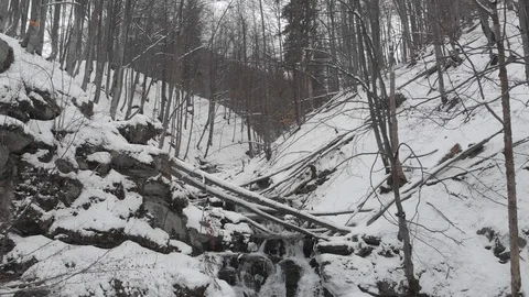 Drone flight over winter frozen brook at Carpathian Mountains, 4k. Water Stock Footage 127753366
