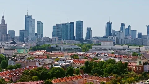 Drone Flight Parallel To Warsaw Old Town With Skyscrapers In Background Symbol Stock-Footage 317627220