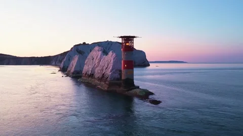Drone Flight Past The Needles Lighthouse at Sunrise Isle of Wight Stock Footage 338065697