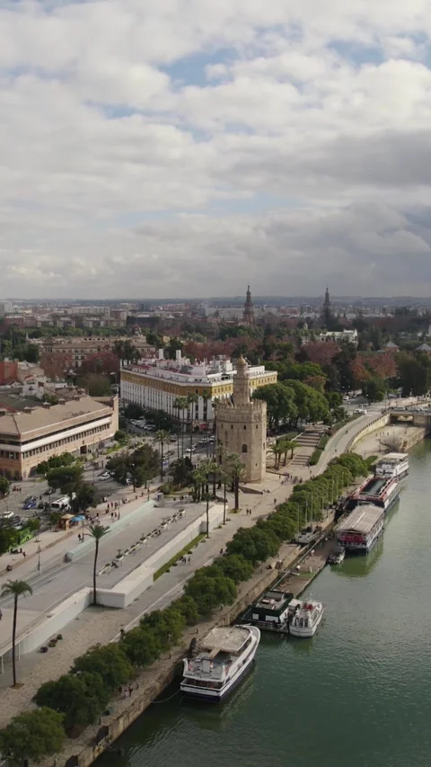 Drone Flight Past Torre del Oro, Seville Riverfront Видео 332684882