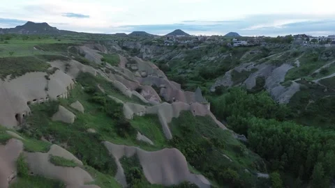 Drone flight Pigeon Valley toward Uchisar storm clouds Cappadocia 스톡 동영상 336486476