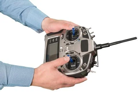 Drone flight remote controller in man's hands close up view Stock Photos