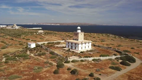 Drone flight to the right at the small lighthouse on the island of Tabarca. Stock Footage 152856560