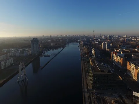 Drone flight at the river of Berlin, Oberbaumbruecke, Osthafen, aerial. Stock Footage 80058696