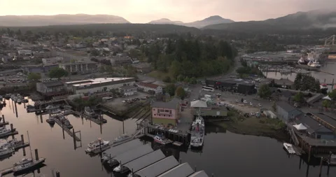 Drone flight rotating ferry office in Port Alberni Stock Footage 342774646