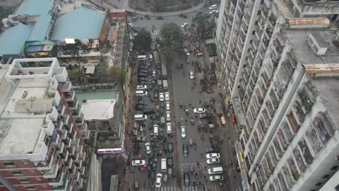 Drone Flight Showing Heavy Traffic and Street Life in Mirpur, Dhaka Stock Footage 327617264