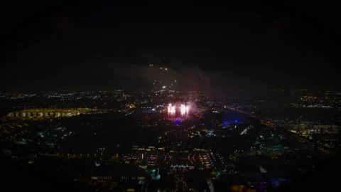 Drone Flight in Theme Park at Night with Fireworks Neon Lights Stock Footage