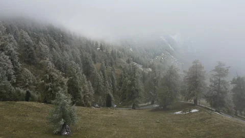 Drone flight through the mist in the Swiss mountains Video stock 308295615