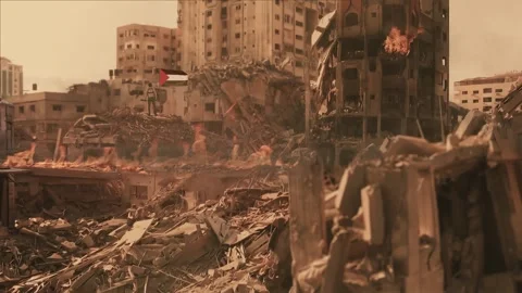 Drone flight through old window to destroyed Palestine city with Palestine flag Stock Footage 253794153