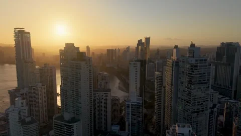 Drone Flight Through Panama City Downtown Skyscrapers at Golden Hour Video stock 334339695